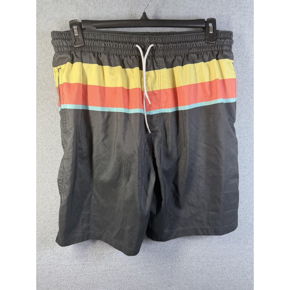 Old Navy Shorts Mens XL Black Striped Swim Trunks Mesh Liner Pockets Drawstring
